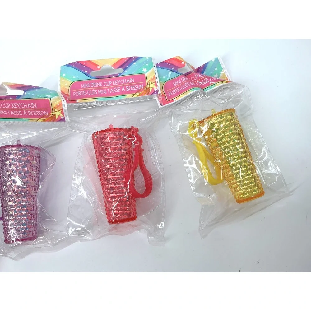 4pc Mini Drink Cup Keychain Set Studded Tumbler Style Bag Charms Multi Color-NEW